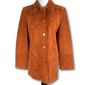 Bernardo Womens 100% suede coat sz M burnt Orange embroidered floral trench 90s